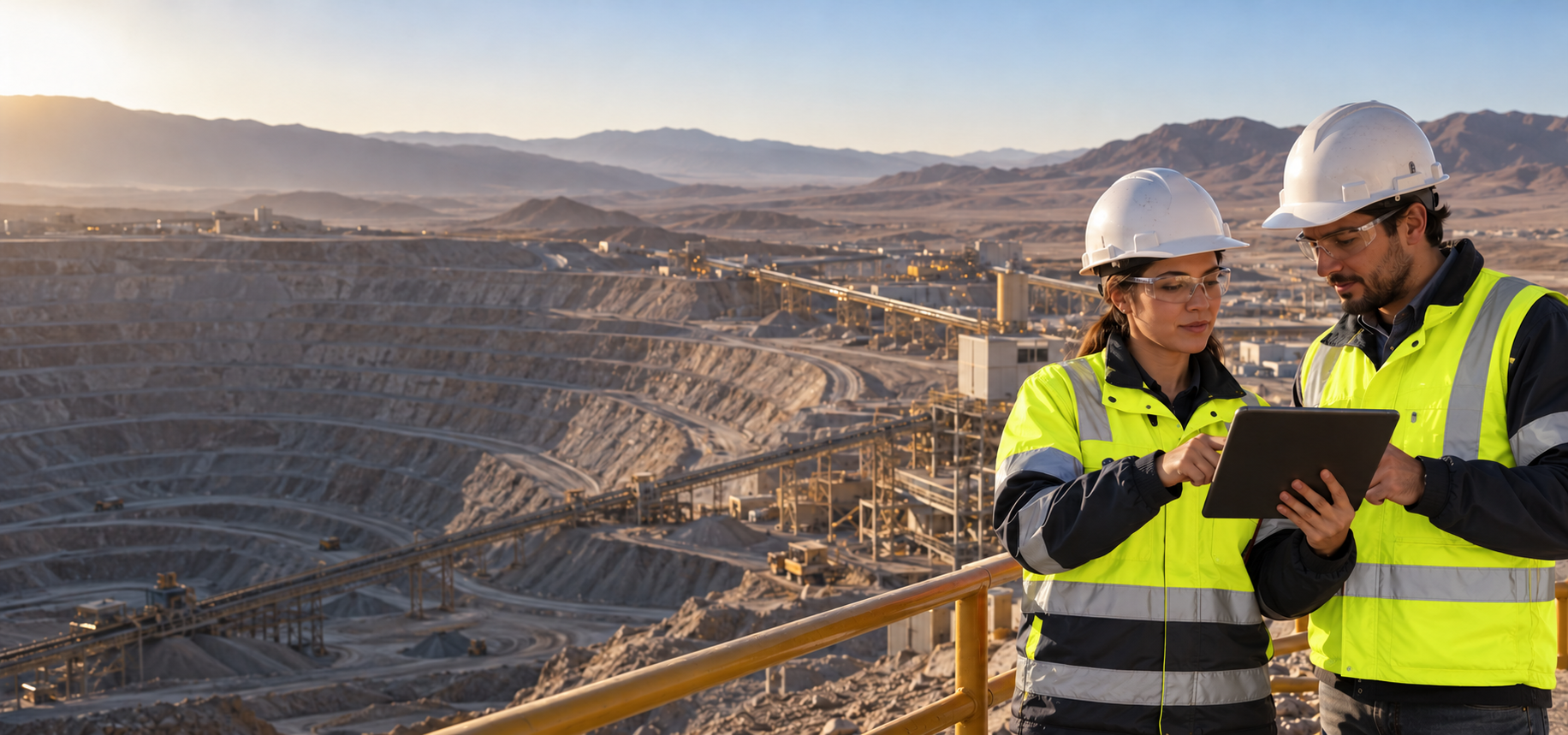 Profesionales de ingeniería con chalecos amarillos en una faena minera