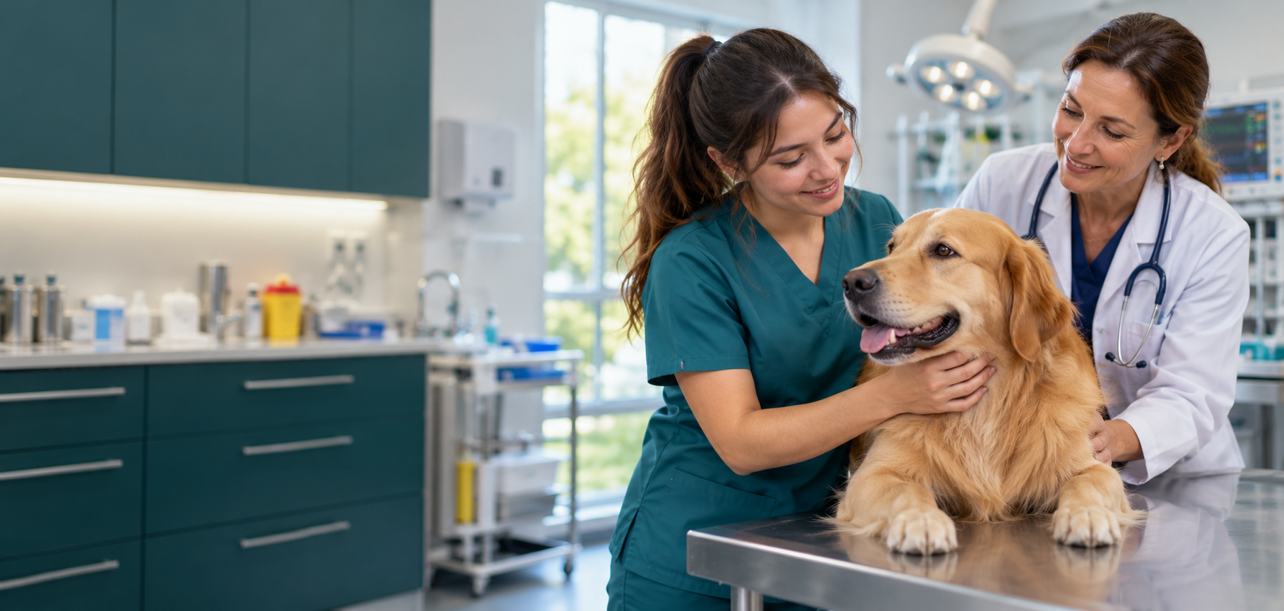 Estudiante de técnico veterinario atendiendo un perro bajo supervisión